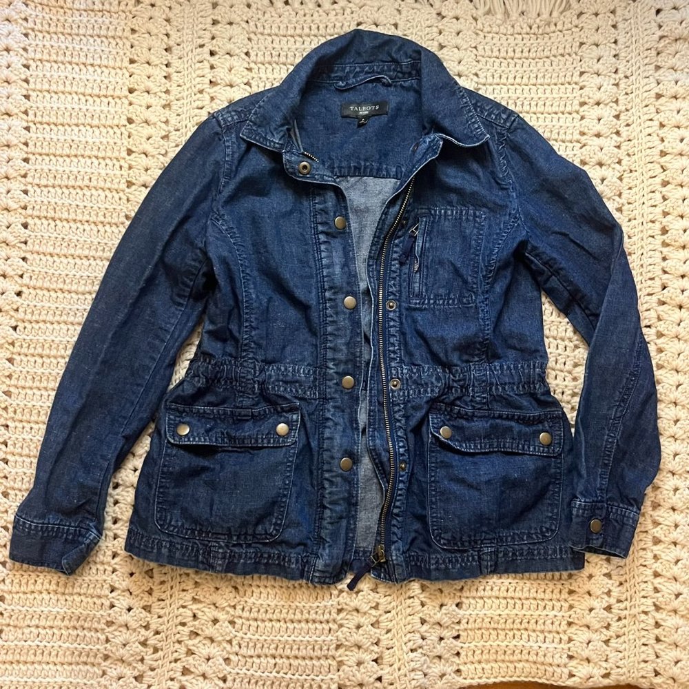 Talbots Denim Field Jacket w Zip and Snap Front Closure Size Petite P EUC